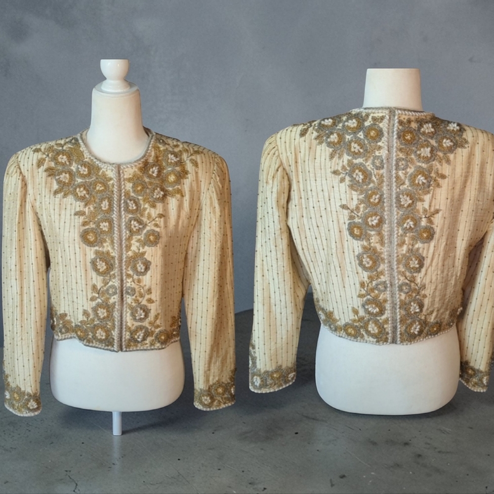 Jeanette for St. Martin vtg rare beaded/pearl silk crop gold evening jacket sz M